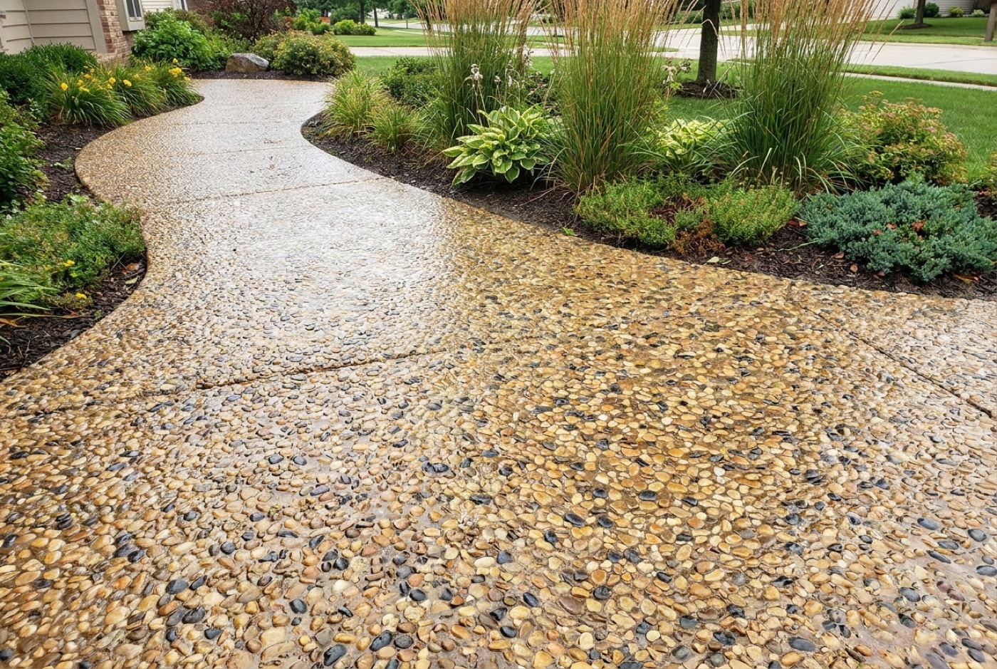 Exposed-aggregate concrete walkway with a sealed wet-look finish