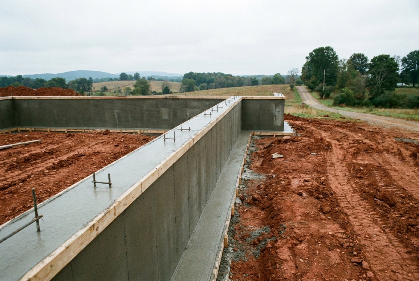 Freshly poured concrete foundation wall and footing