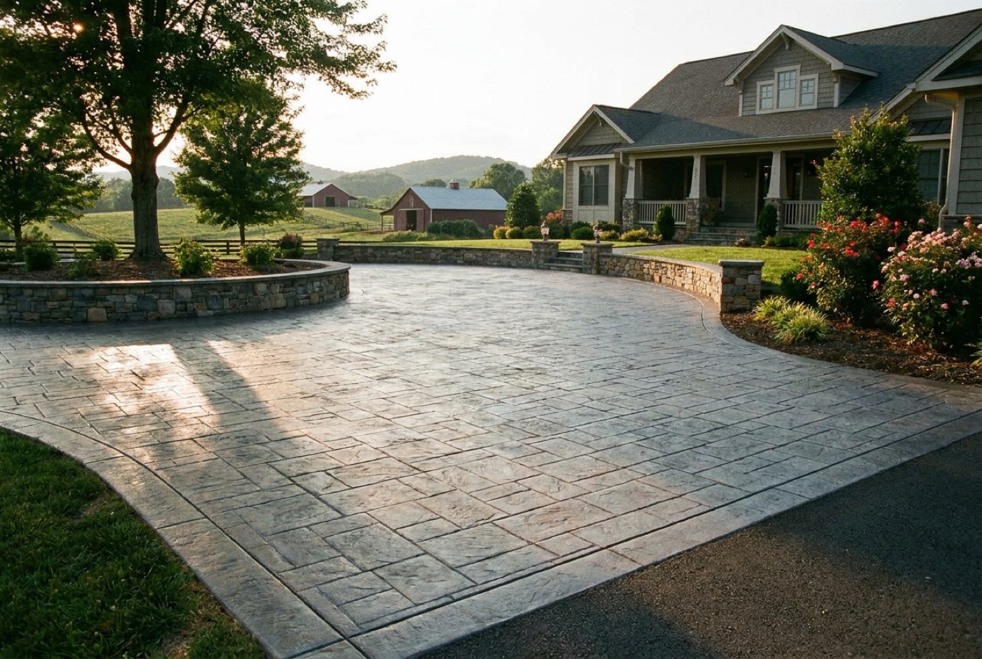 Stamped and colored concrete driveway in a slate ashlar pattern